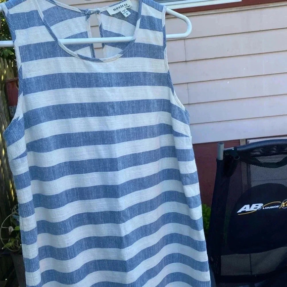 MONTEAU L Dress 100% Cotton Blue Ivory Striped Swing Shift Summer Woven Lined S - Picture 7 of 8